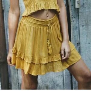 Seventeen Summers Tiered Mini Skirt Womens S Yellow‎ Gold Metallic Boho Tassel